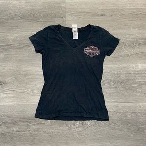 Vintage Harley Davidson women's rhinestone graphic v neck black top